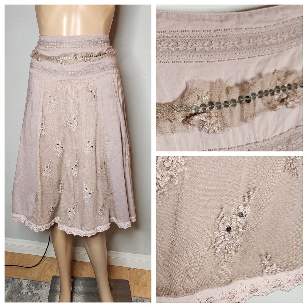 Promod France Mixed Media Mauve A-line Skirt Lace Sequin Tulle Size M/L